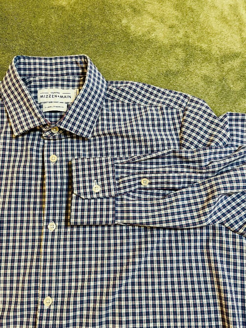 Mizzen + Main Leeward Standard Shirt XL Red White Blue Plaid Stretch Long Sleeve